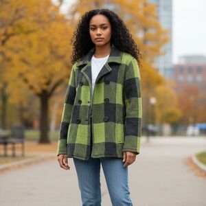 Keren Hart Green & Black Buffalo Check Pea Coat Women’s Medium